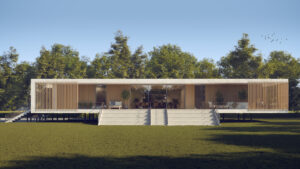 Visual impression of the proposed modern pavilion at Synder Meadow Sports field. Wide Front steps lead up to a central community space with changing rooms on either side.